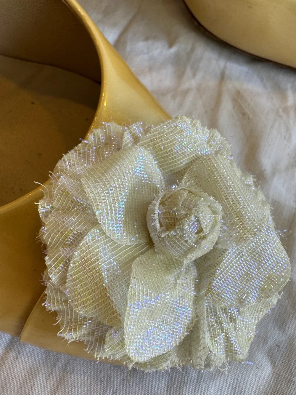 CHANEL Yellow Patent Camellia Iridescent Flower & CC Ballet Heels